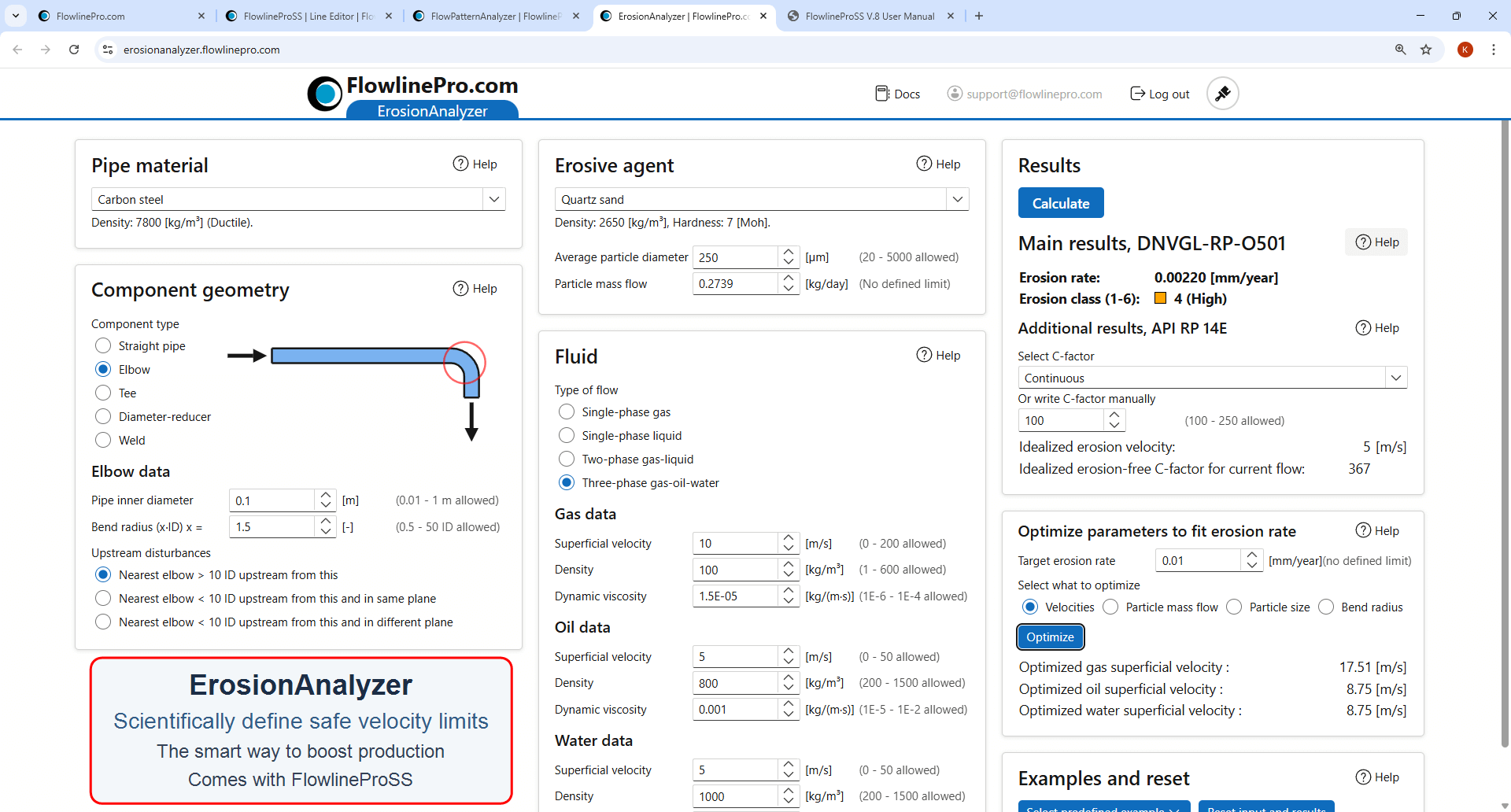 ErosionAnalyzer using DNVGL-RP-O501 safe velocity limits - included with FlowlineProSS